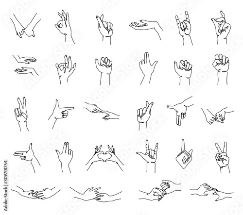 Hand gesture set continuous line drawing, two fingers up single line on a white background, isolated vector illustration. Tattoo, print and logo design. Goat gesture, pistol, fist, snap, heart sign.