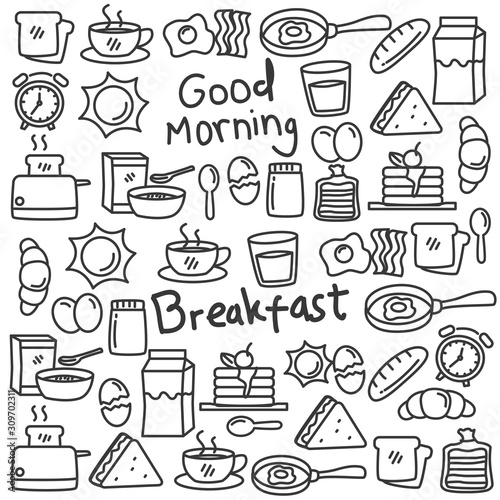 Set of breakfast food doodle vector illustration. Breakfast doodle background 