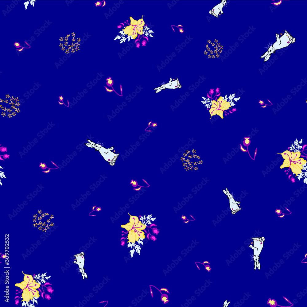 Vector dark blue background rabbits bouquets flower garden seamless pattern illustration for birthday, fabric, party, event, decoration, gift wrap, scrapbook project, print, wallpaper, textile design
