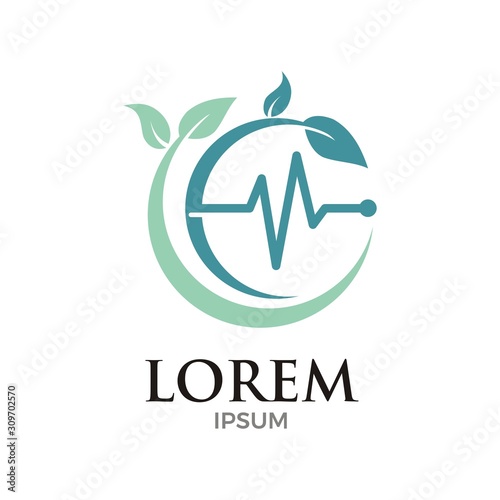 vector illustration of leaves and pulse for medical logo design