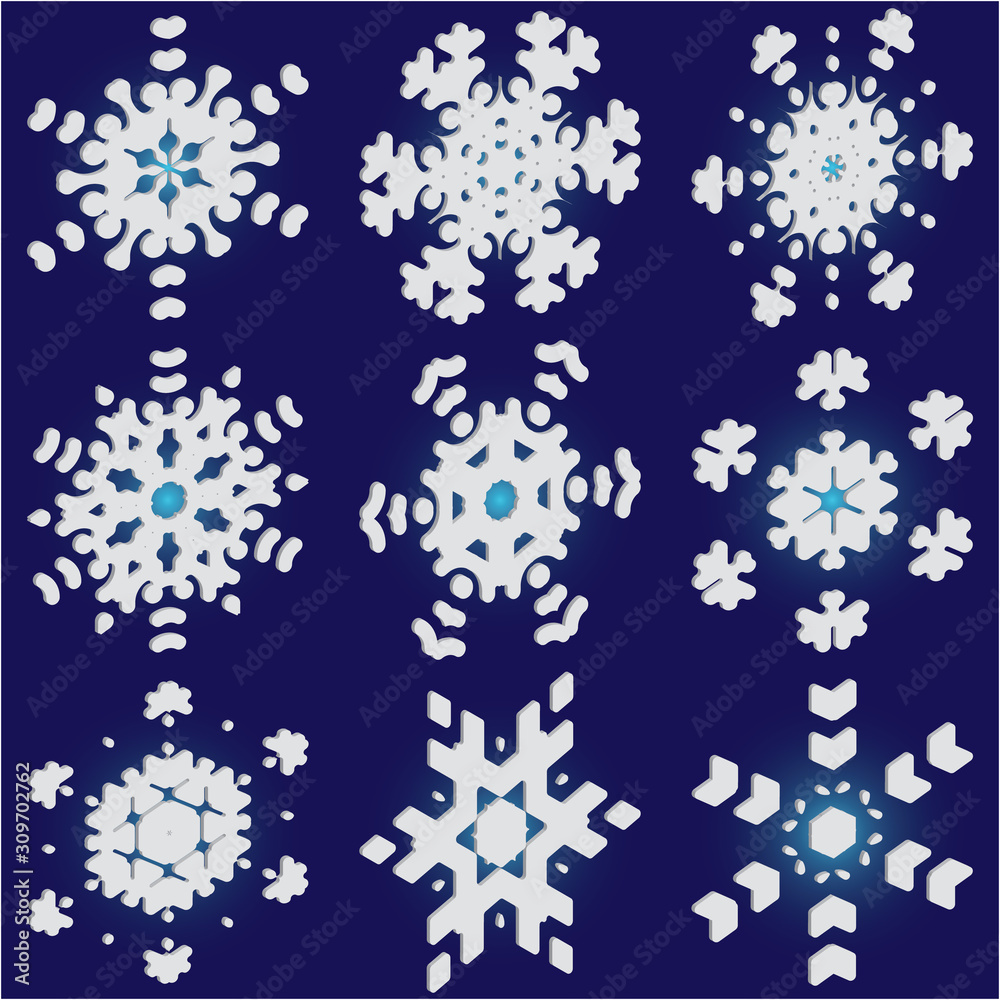 Kit of simple, beautiful snowflakes on blue background. Kit of simple, beautiful snowflakes on blue background.