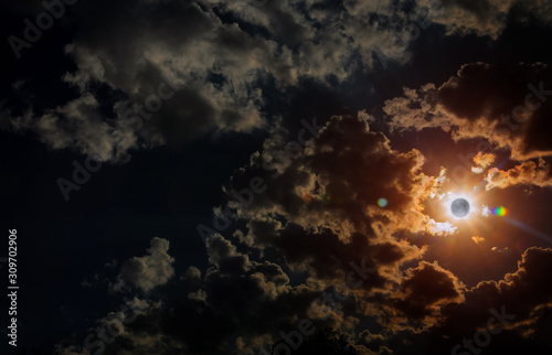 Space solar eclipse sunrise view from moon with dramatic cloud