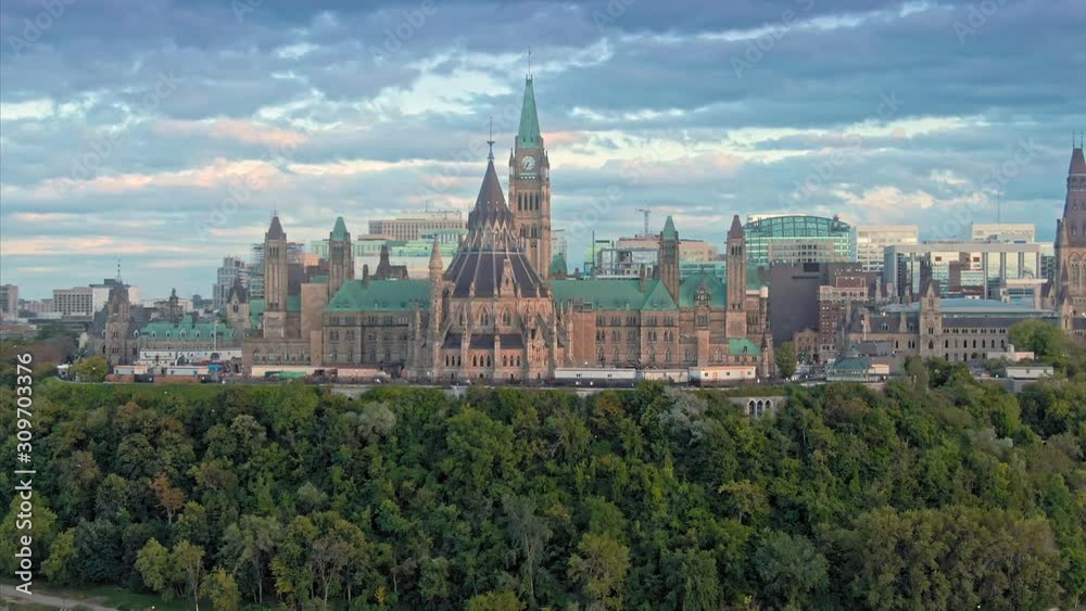 Aerial over Parliament Hill to the Library of Parliament. Ottawa, Ontario, Canada. 11 September 2019 Aerial over Parliament Hill to the Library of Parliament. Ottawa, Ontario, Canada. 11 September 2019