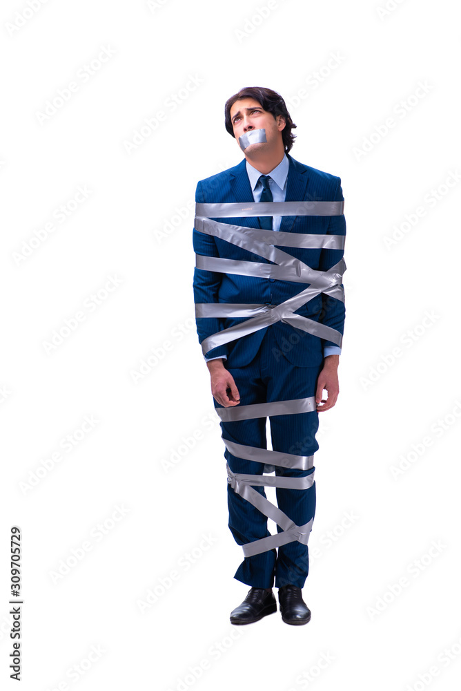 Tied employee with tape on mouth isolated on white Tied employee with tape on mouth isolated on white
