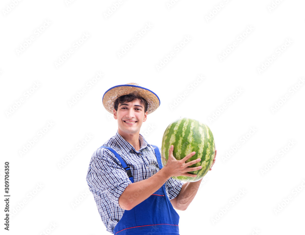 Young farmer with watermelon isolated on white Young farmer with watermelon isolated on white