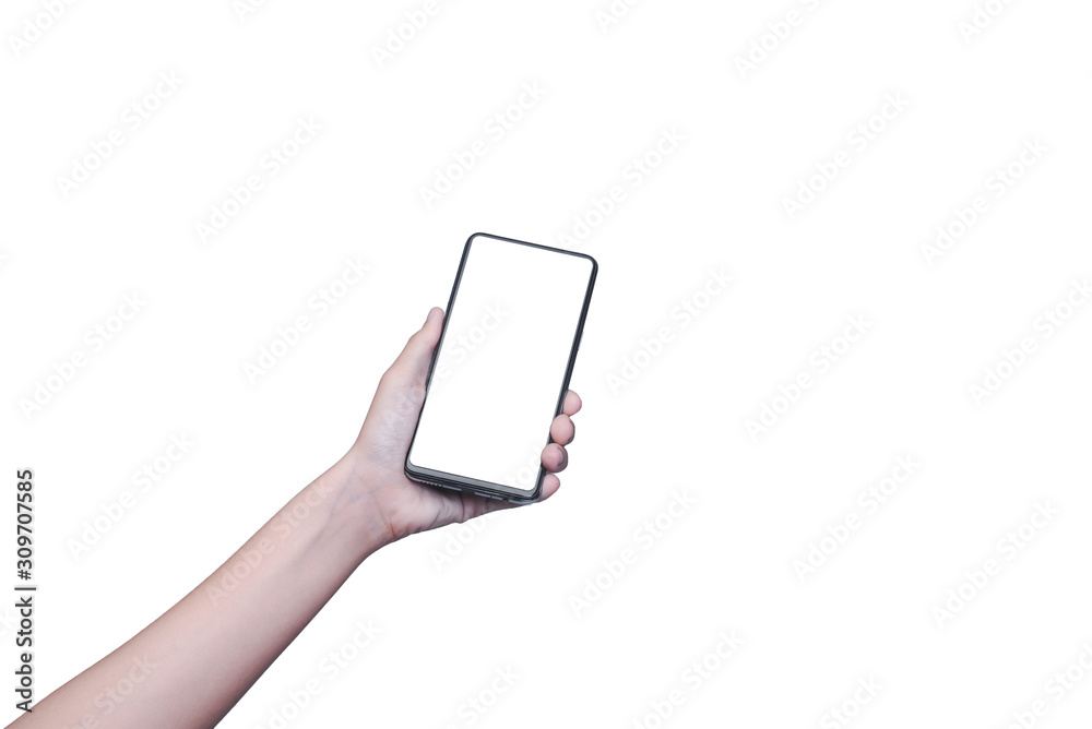 Woman hand holding modern smartphone display and touch screen mobile phone isolated on white background. Woman hand holding modern smartphone display and touch screen mobile phone isolated on white background.