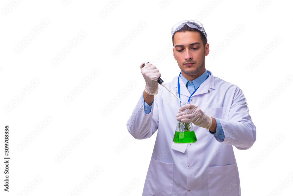 Young male chemist isolated on white Young male chemist isolated on white