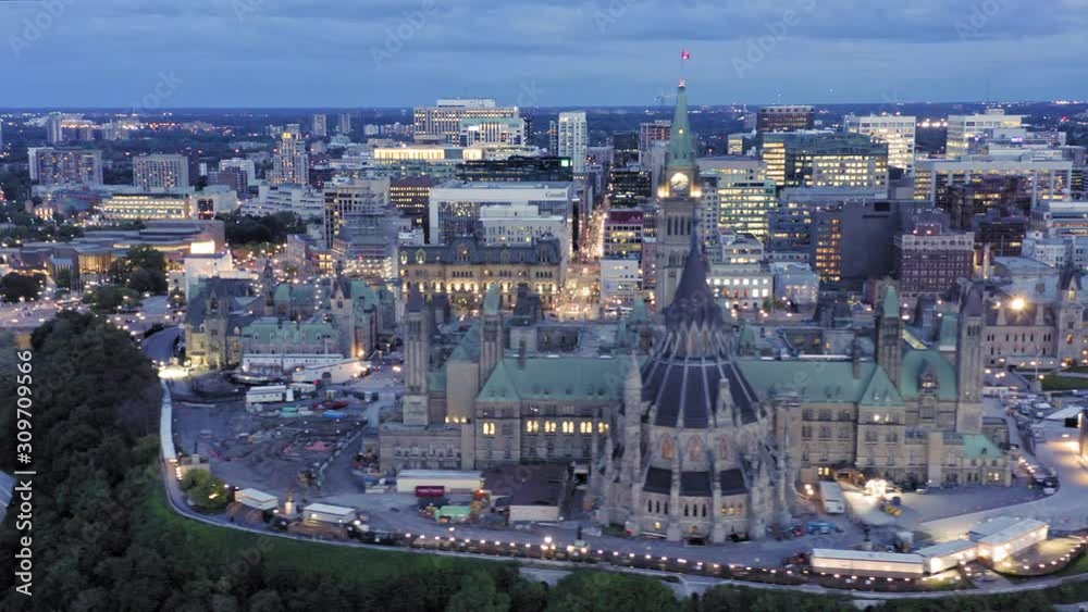 Aerial: the Ottawa city skyline at night. Ontario, Canada. Aerial: the Ottawa city skyline at night. Ontario, Canada.