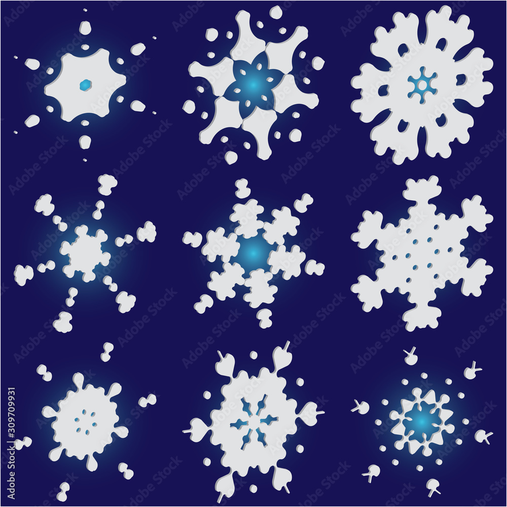 Collection of paper cut isolated snowflakes on blue background. Collection of paper cut isolated snowflakes on blue background.