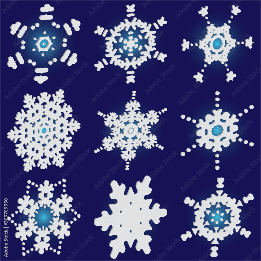 Kit of simple, beautiful snowflakes on blue background.