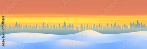 Fantasy on the theme of the winter landscape. Sunset sky, forest and snow drifts. Vector illustration, EPS10