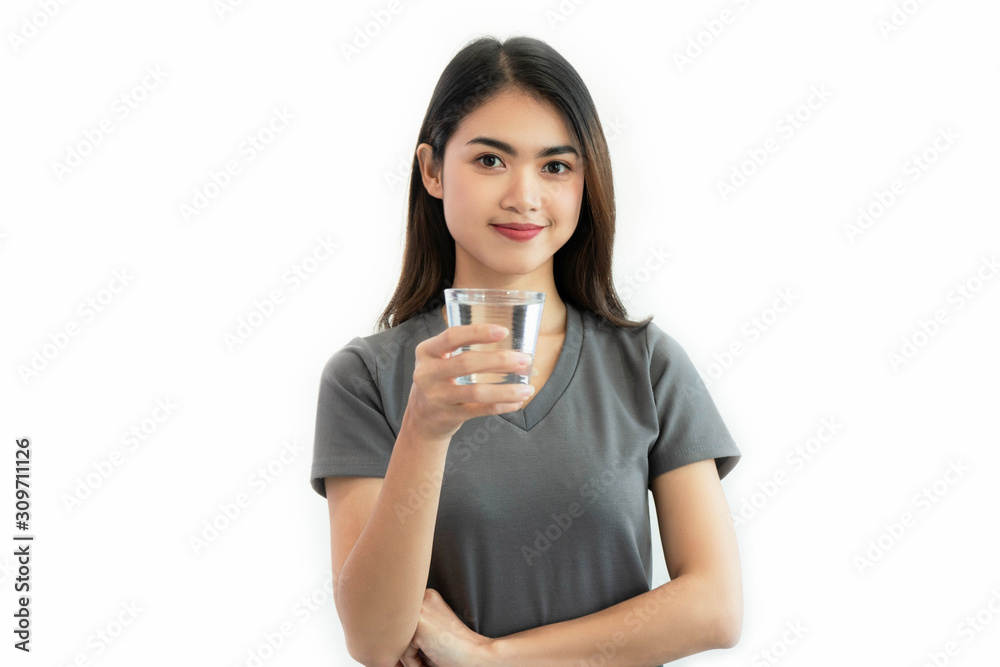 Young woman holding grass water isolated on white background Young woman holding grass water isolated on white background