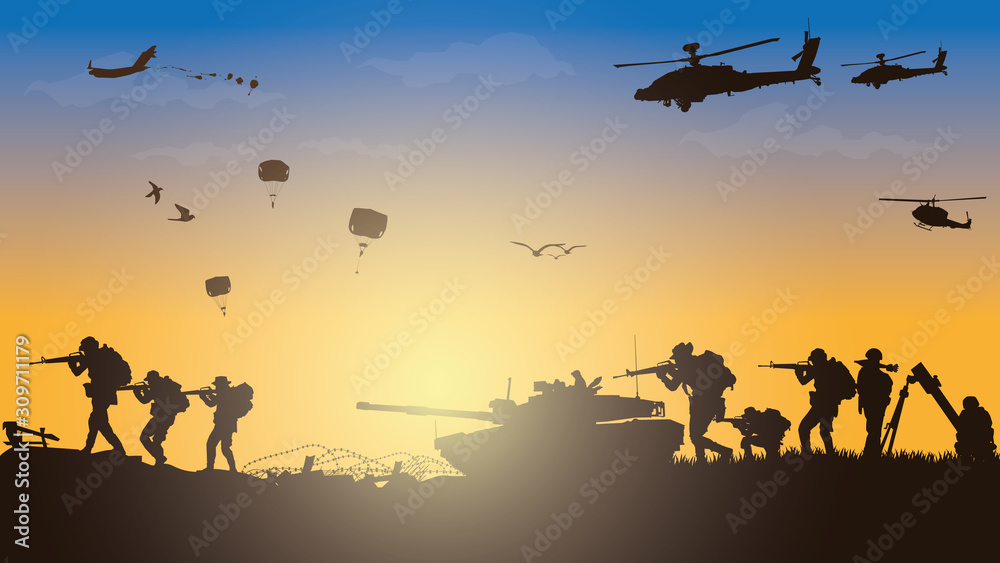 	 Military vector illustration, Army background, soldiers silhouettes.	