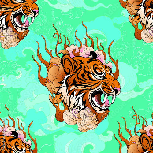 Tiger head with cloud design from Chinese or Japanese tattoo style with Aqua green tone background seamless pattern vector