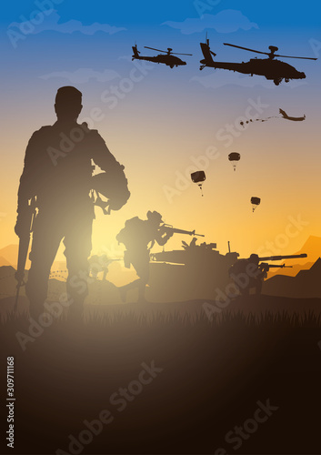 	 Military vector illustration, Army background, soldiers silhouettes.	