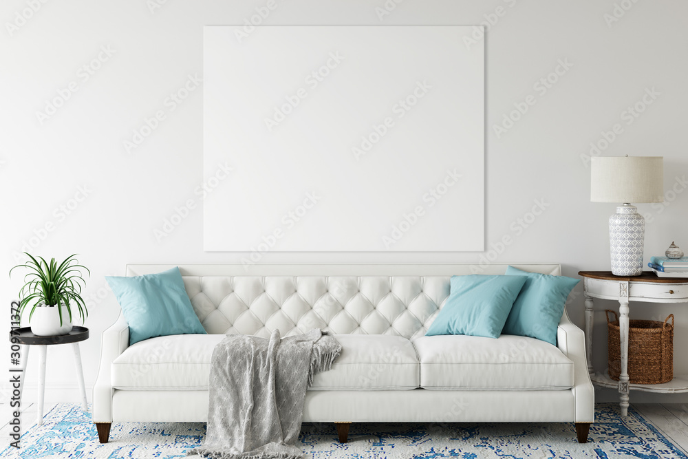 Canvas mockup. Coastal Scandinavian interior. 3d rendering, 3d illustration	