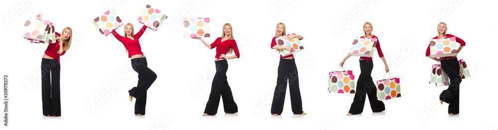 Young woman in flared pants isolated on white Young woman in flared pants isolated on white