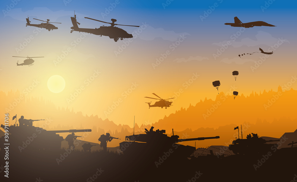 Military vector illustration, Army background, soldiers silhouettes. Military vector illustration, Army background, soldiers silhouettes.