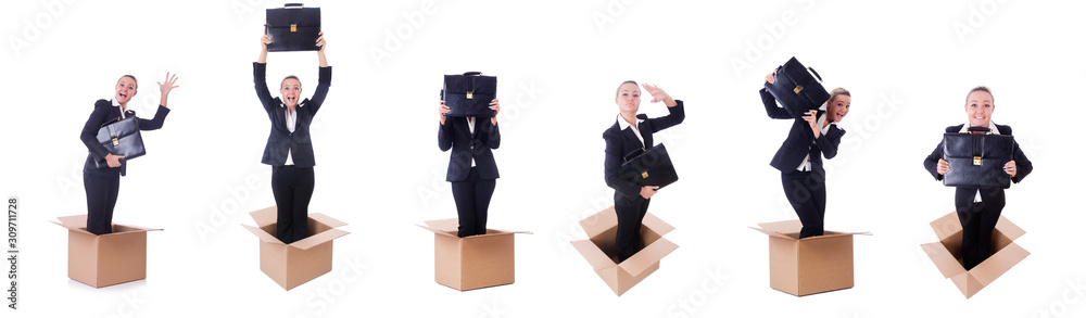 Woman with boxes on white