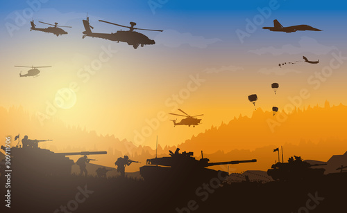	 Military vector illustration, Army background, soldiers silhouettes.	