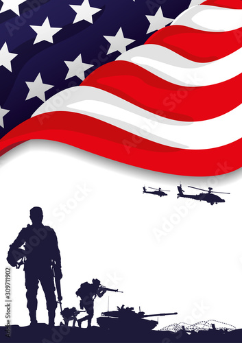 	 Military vector illustration, Army background, soldiers silhouettes.	