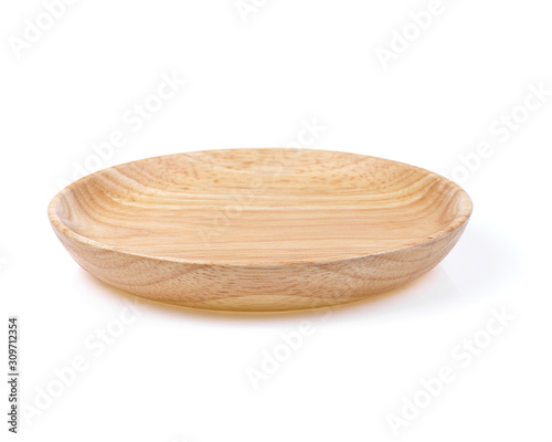 Empty wooden plate isolated on white background with soft shadow