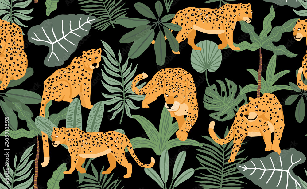 Safari background with leopard,palm,leaf.Vector illustration seamless pattern for background,wallpaper,frabic.Editable element