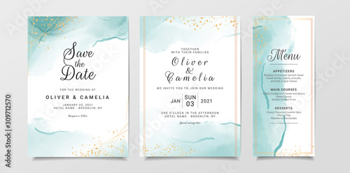 Blue watercolor wedding invitation card template set with gold glitter and line decoration. Abstract background save the date, invitation, greeting card, multi-purpose vector photo
