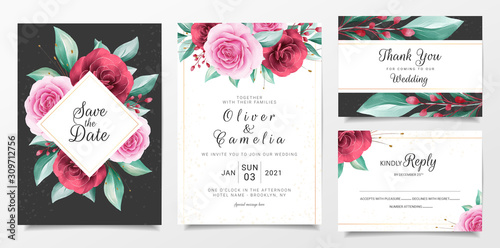 Wedding invitation card template set with floral frame dark and white background. Botanic and leaves botanic illustration for background, save the date, invitation, greeting card, etc