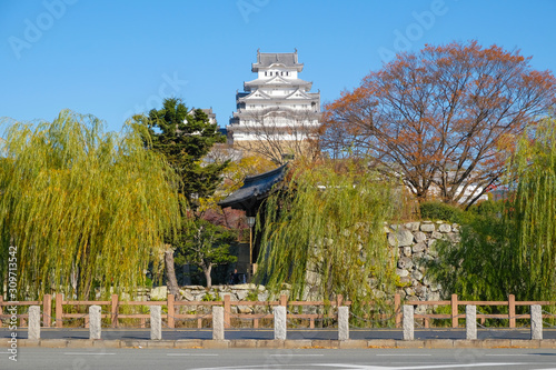 HIMEJI, JAPAN - 26 NOVEMBER 2019- The Himeji castle with main street at the front, an UNESCO World Heritage site, is the most visited castle in Himeji, Japan.