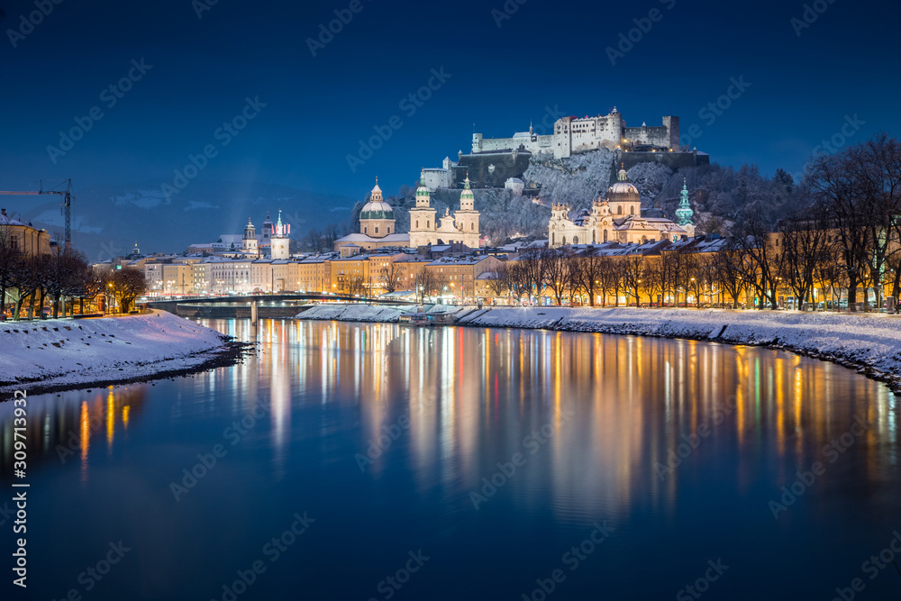 Salzburg old town at twilight in winter, Austria