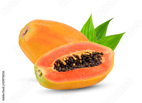 ripe papaya fruit with seeds isolated on white background. full depth of field