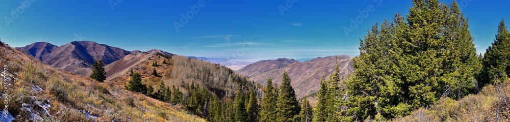 Landscape views of Tooele from the Oquirrh Mountains hiking and backpacking along the Wasatch Front Rocky Mountains, by Kennecott Rio Tinto Copper mine, by the Great Salt Lake in fall. Utah, America.