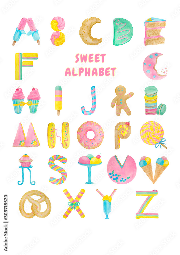 watercolor sweet alphabet made of sweets watercolor sweet alphabet made of sweets