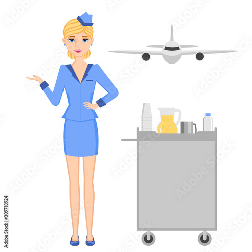 Profession set: stewardess. Plane front view. Cart flight attendants.