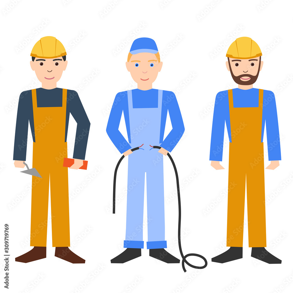 Builder, electrician and handyman. Profession. Workers in hard hats.