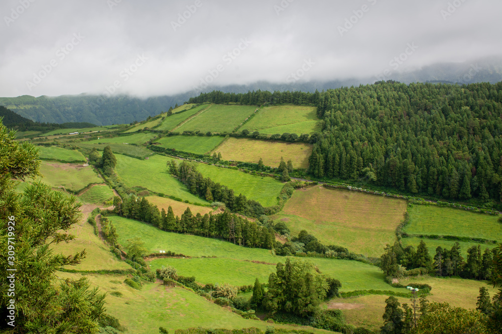 Views of the fields, mountains and valleys in the Azores