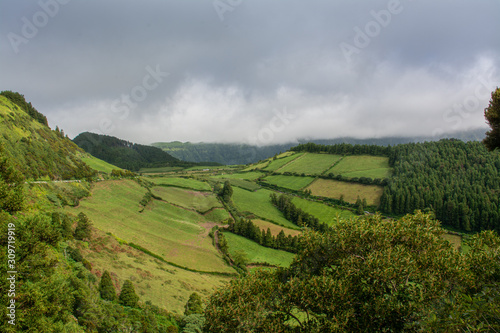 Views of the fields  mountains and valleys in the Azores