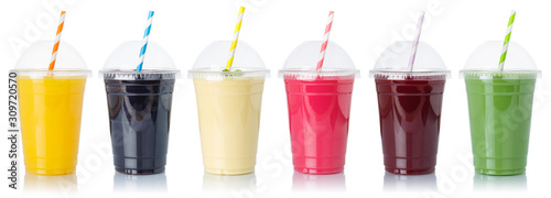 Fotografiet Set of fruit smoothies fruits orange juice straw drink in cups isolated on white