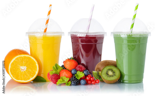 Fruit smoothies fruits orange juice green smoothie drink collection straw cup isolated on white
