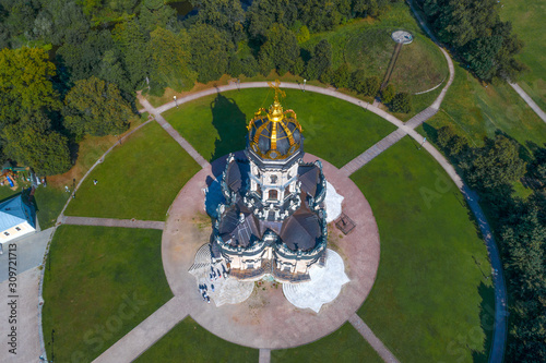 Top view of the old Znamenskaya Church on a sunny August day (shooting from a quadrocopter). Podolsk, Russia photo