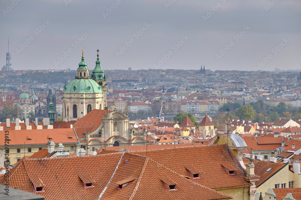 Scenic aerial view of capital of Czech Republic Prague. Beautiful summer sunset cityscape of the biggest city of Czechia. Panorama of ancient medieval historic touristic town in Europe