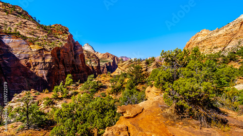 The mountains surrounding Zion Canyon viewed from the top of the Canyon Overlook Trail in Zion National Park, Utah, United States