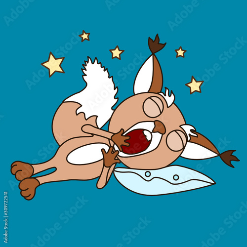 Emoticon with a cool sleepy squirrel, which lies, resting its head on a pillow and yawns, color clip art on blue isolated background