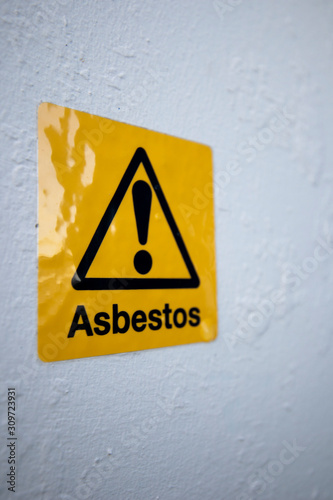 Asbestos warning sign, set of six naturally occurring silicate minerals made of microscopic fibres harmful when breathed in