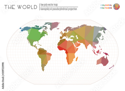 World map in polygonal style. Kavrayskiy VII pseudocylindrical projection of the world. Colorful colored polygons. Stylish vector illustration.