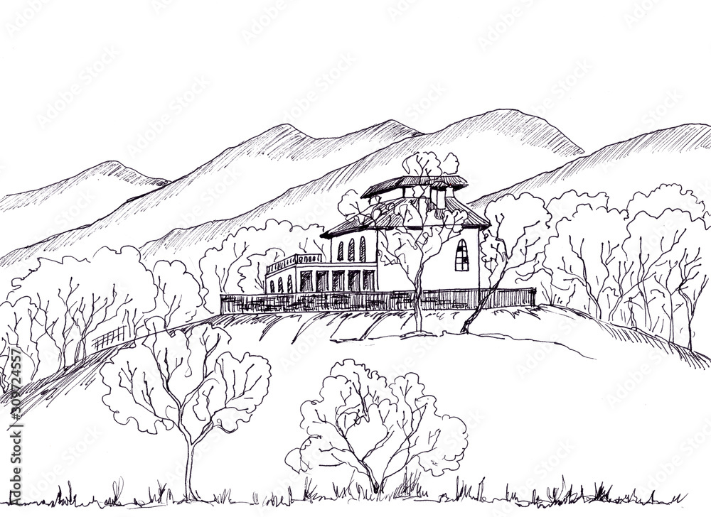 cozy house in the mountains linear drawing