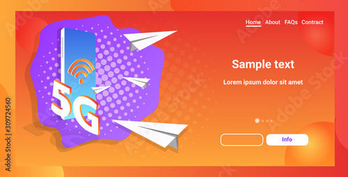 paper planes flying 5G online wireless system connection fifth innovative generation of high speed internet smartphone screen mobile app horizontal copy space vector illustration