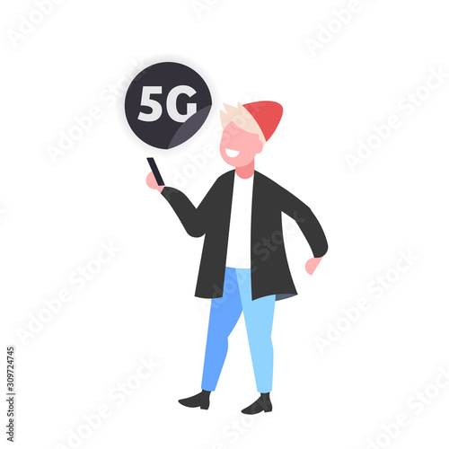 guy using smartphone 5G online communication fifth innovative generation of internet connection concept smiling male teenager holding cellphone full length vector illustration
