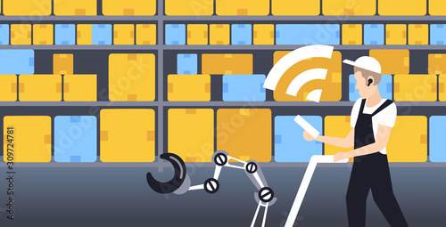 worker in uniform pushing trolley cart with robotic arm using smartphone 5G fifth innovative generation of wireless internet connection concept warehouse interior portrait horizontal vector